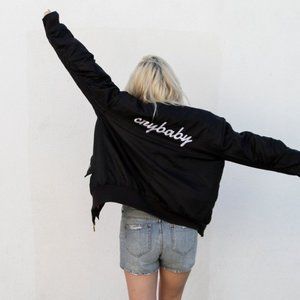 Black and white "Crybaby" bomber jacket